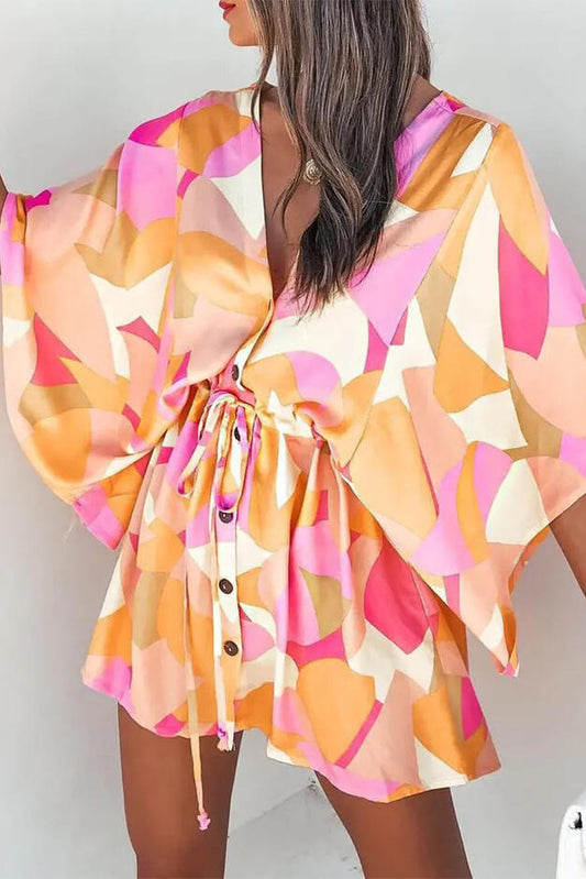 Pink Geometric Print Button Drawstring Batwing Sleeve Dress