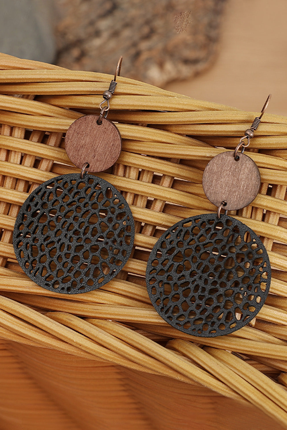 Wood Hollow Out Wooden Round Drop Earrings