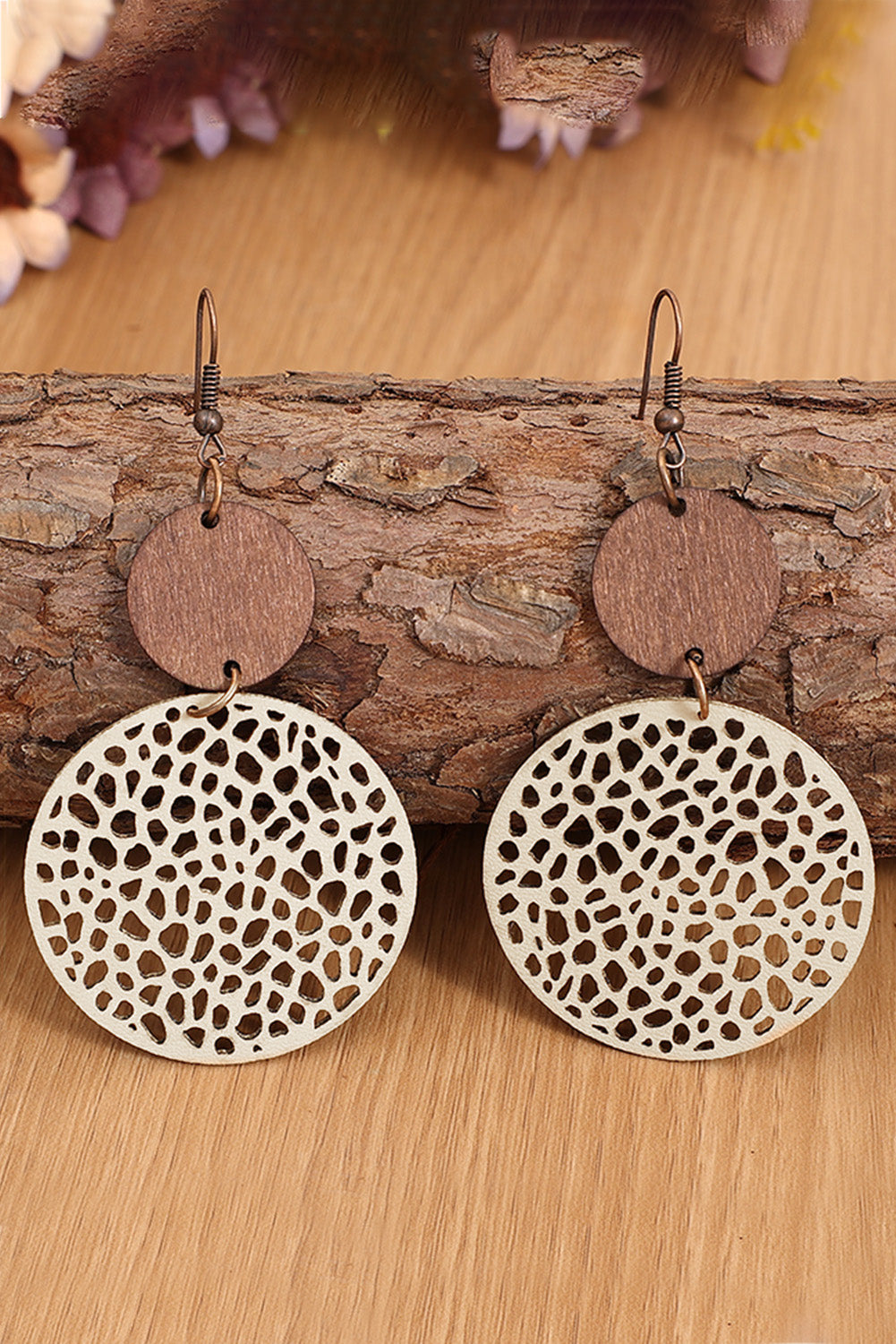 Wood Hollow Out Wooden Round Drop Earrings