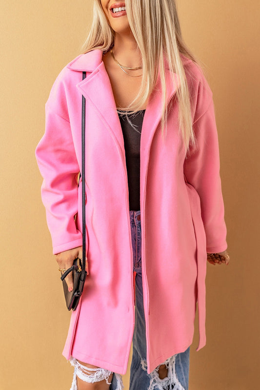 Pink Solid Color Buttoned Coat with Tie